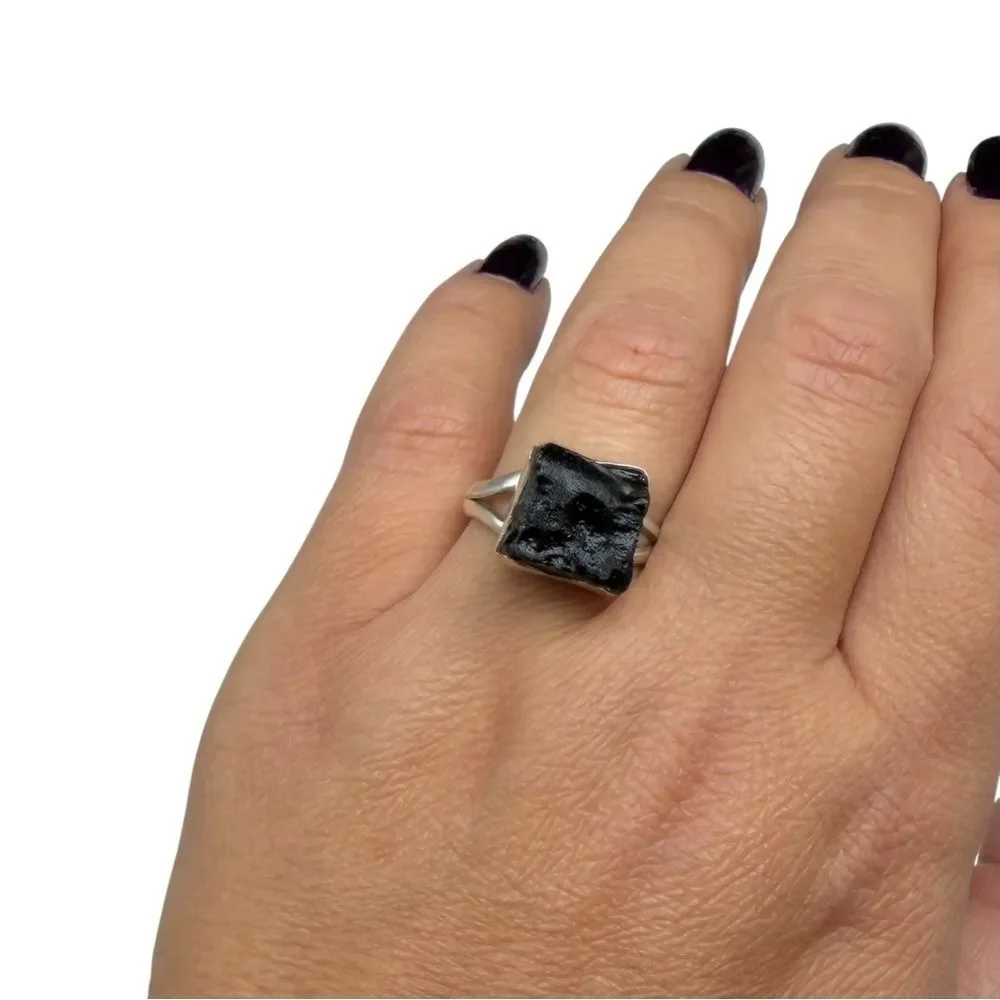 Moldavite Ring Size 8 Solid 925 Sterling Silver Raw Rough Natural Stone Crystal